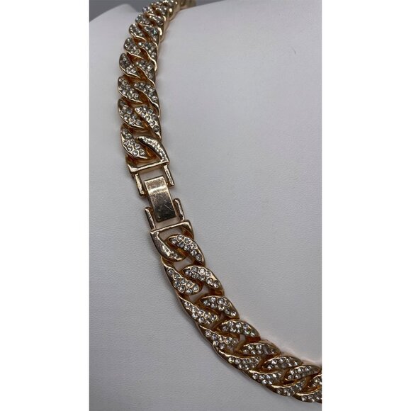 Gold-Tone Cuban Link Chain Necklace Rhinestones Extend Clasp 18" READ - Picture 5 of 7